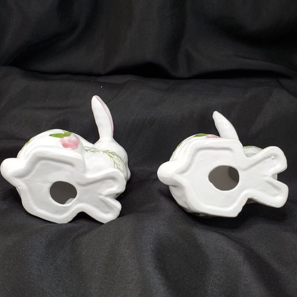 Ceramic Bunny Rabbit Figurines Spring Floral Design Decor Set Of 2 - Picture 3 of 10